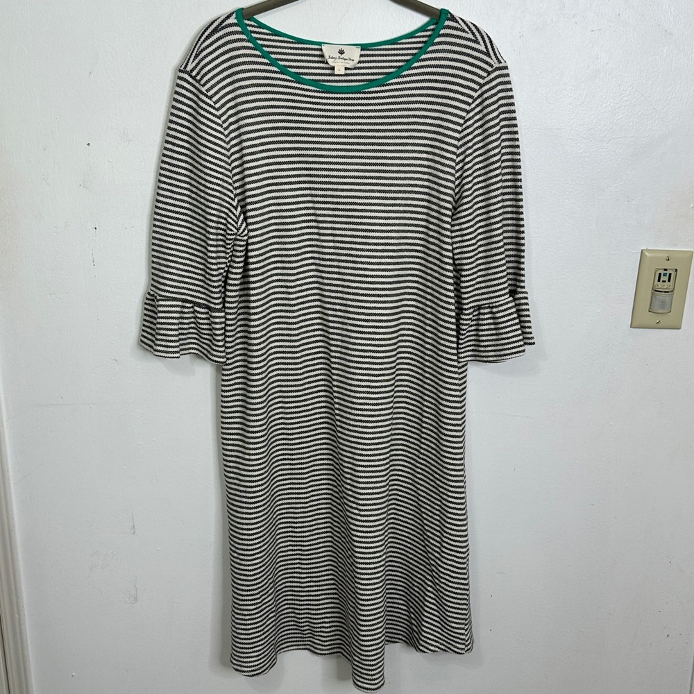 Betseys Boutique Shop Striped Ruffle Sleeve Dress Green Trim Black White Large